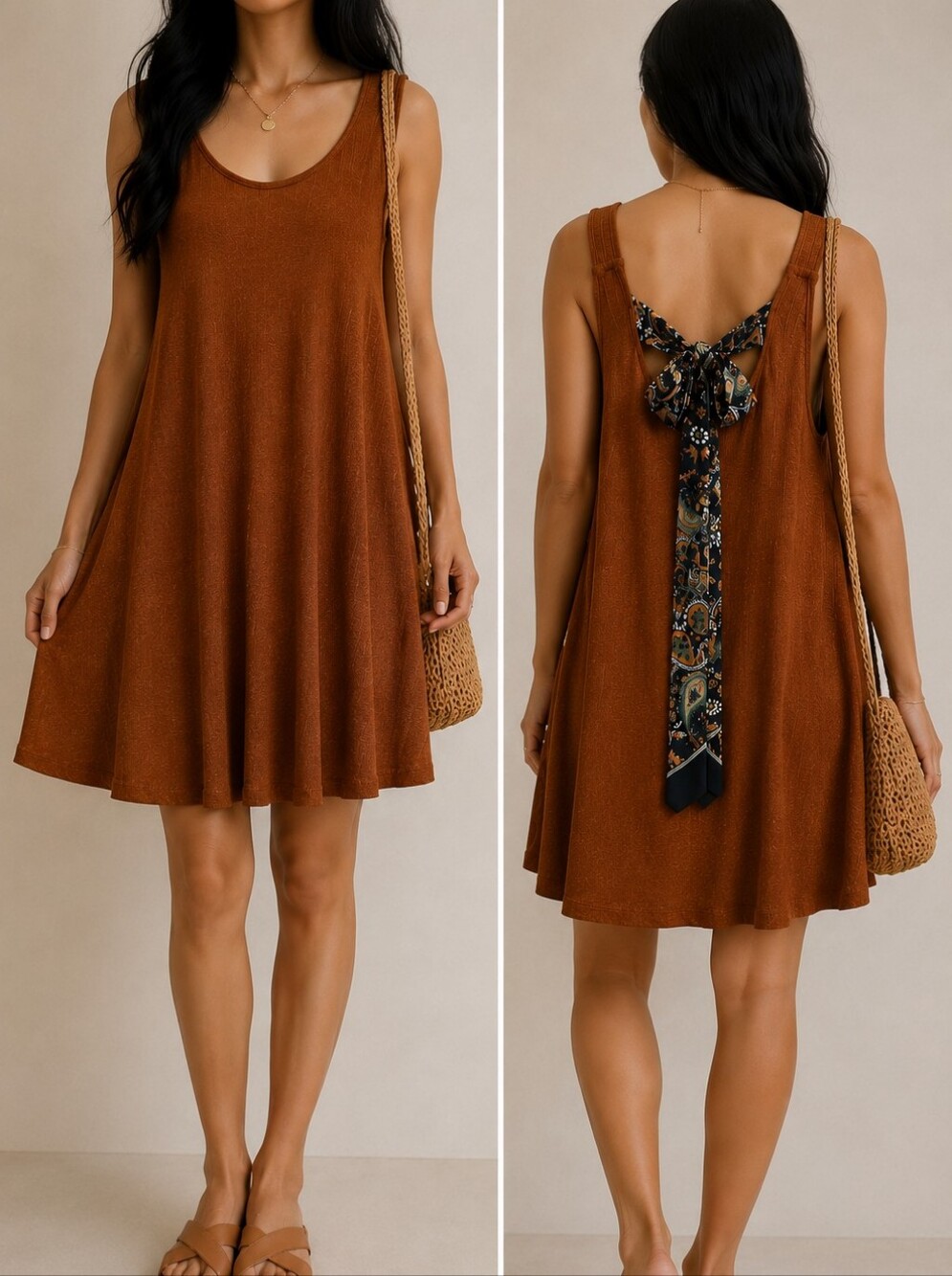 Blu Pepper Women's Boho Sleeveless Swing Dress Brown Tie Back Knit Size L